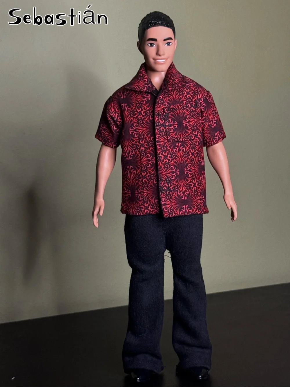Crimson damask swirl print doll shirt lined in black
